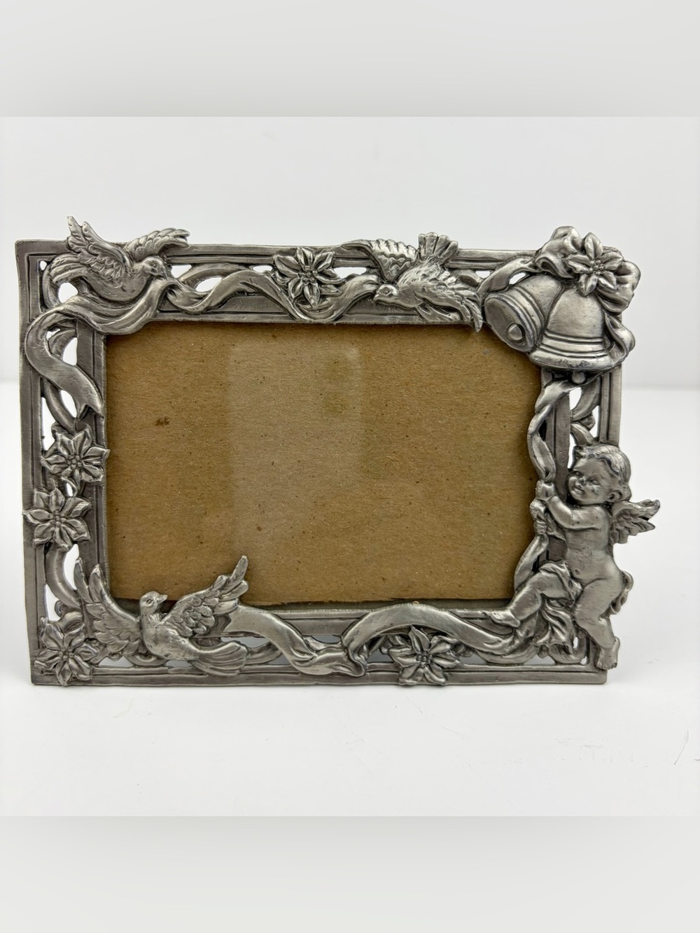 Vintage Sun-R Pewter Picture Frame Ornate Cherub Birds 5 x 3.5 in Photo